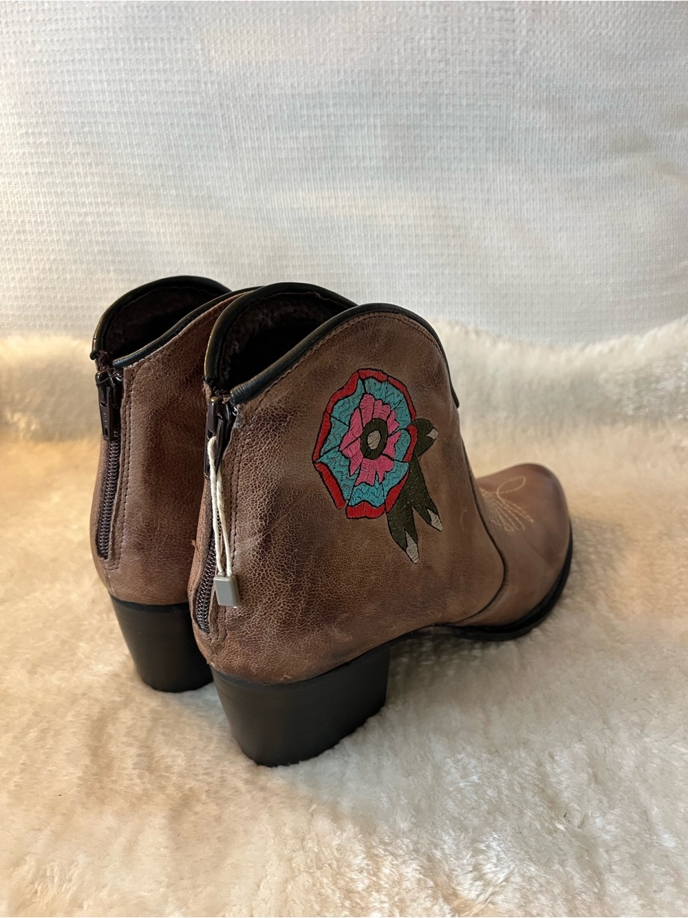 Divine Follie Italy Brown Embroidered Western Ankle Leather Booties - Picture 9 of 16